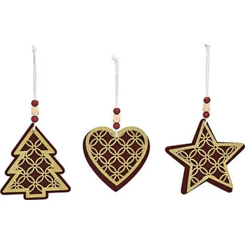 Vánoční dekorace Dekorace závěsná - Vánoční motivy dřevěné 12cm bordově-zlaté, mix / 1ks