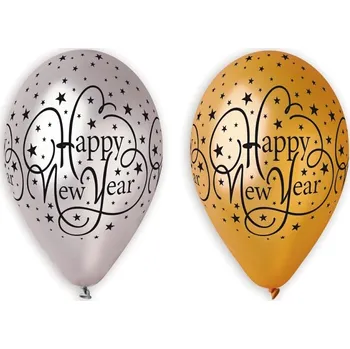 Party dekorace ŠŤASTNÝ NOVÝ ROK balónky, zlaté a stříbrné, 12 palců / 6 ks