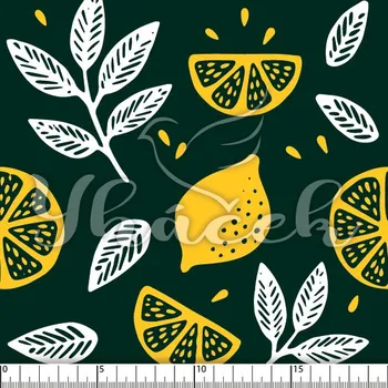 Zakázkový tisk, softshell, kočárkovina... Citróny a lístky na tmavě zelené Látky k tisku: Microfirba