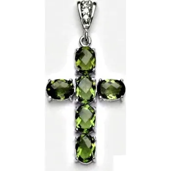 Šperk stříbrný přívěsek křížek přírodní vltavín - P1238/2 zelená