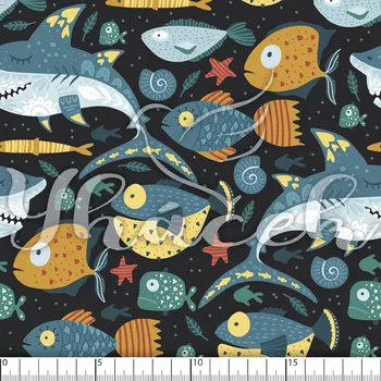 Zakázkový tisk, softshell, kočárkovina... Ryby a rybky na šedé Látky k tisku: Microfirba