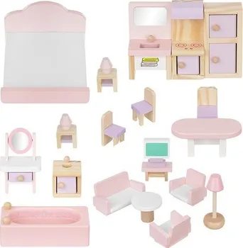 Doplněk pro panenku Iso Trade Dřevěný nábytek do domečku pro panenky bílý/růžový 22 ks