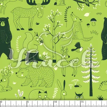 Zakázkový tisk, softshell, kočárkovina... Zvířátka v lese na zelené Látky k tisku: Softshell letní