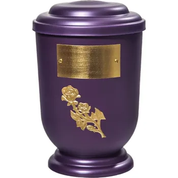 Smuteční dekorace Pohřební Plastová urna na popel, oválné oblé víčko, fialová, štítek č. 50, 100 x 50, zlatá růže