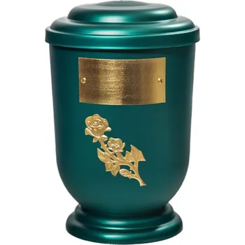 Smuteční dekorace Pohřební Plastová urna na popel, oválné oblé víčko, zelená, štítek č. 50, 100 x 50, zlatá růže