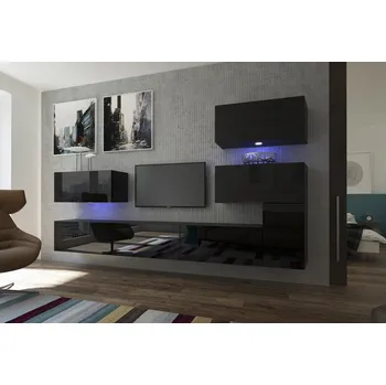 Obývací stěna Ral Obývací stěna NEVADA 10, 302 cm - Černý lesk