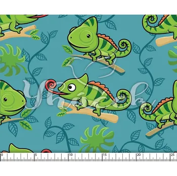 Zakázkový tisk, softshell, kočárkovina... Veselí chameleoni na modré Látky k tisku: Softshell letní