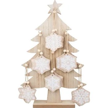 Vánoce Anděl Přerov Dřevěný stromek 41 cm s vločkami na zavěšení 6 cm