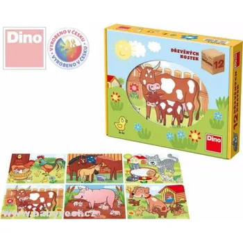 Společenská hra DINO DŘEVO Kubus 12 kusů kostek ZVÍŘÁTKA domácí