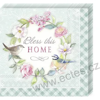 Papírový ubrousek IHR BLESS THIS HOME tyrkysové papírové dezertní ubrousky květinový věnec a ptáčci 20 ks