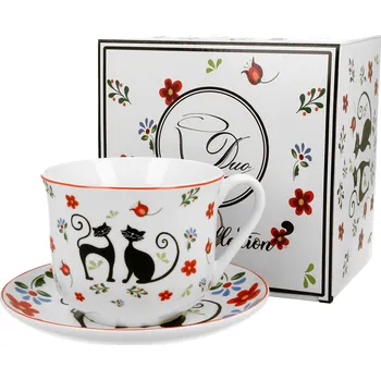 DUO Gifts DG - Porcelánový šálek s podšálkem ETNO KOČKY v dárkové krabičce - 470 ml