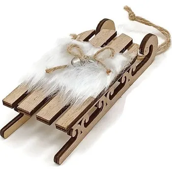 DEKORACE - Dřevěné sáňky s kožešinou, 15 cm - bílá