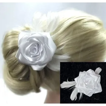 Brož Brož 3v1 do vlasů růžička s peříčky bílá saténová BR003a