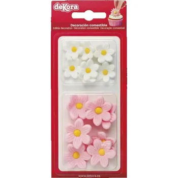 Jedlá dekorace na dort Curková dekorace 7 bílých a růžových kopretin - Dekora