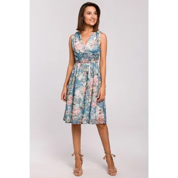 Dámské šaty Květované šifónové šaty s hlubokým výstřihem STYLE S225 Barva: Modrá, Velikost: L