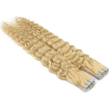 Příčesek 60cm Tape hair / pu extension / Tape IN lidské vlasy remy kudrnaté – nejsvětlejší blond