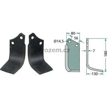 Pracovní nůž Frézovací zahnutý nůž levý pro Agromec, 12012802, 12014002, 56/14,5/180 mm