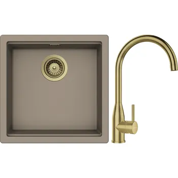 Granitový dřez Set Schock S27-3 (dřez Kiruna N-100 Twilight + baterie Kavus White Gold + komponenty White Gold)