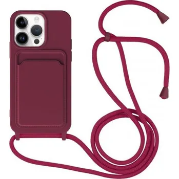 Pouzdro na mobilní telefon Silikonový kryt se šňůrkou a kapsou na karty pro iPhone 14 Pro - vínový