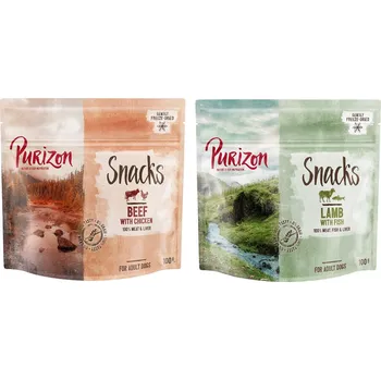 Krmivo pro psa 2x100g Purizon Snacks zkušební mix - hovězí a kuře / jehněčí a ryba