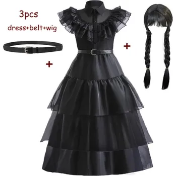 Karnevalový kostým Dětské šaty (kostým) Wednesday Addams s doplňky Varianta: šaty, pásek a paruka, Velikost: 140 (9-10 let)