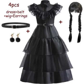 Karnevalový kostým Dětské šaty (kostým) Wednesday Addams s doplňky Varianta: šaty, pásek, paruka a náušnice, Velikost: 140 (9-10 let)