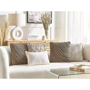 Polštář Sada 2 dekorativních polštářů béžová a černá bavlněné potahy 45 x 45 cm s pleteným vzorem dekorativní doplňky boho design Beliani