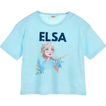 Dívčí tričko Dívčí crop top z BIO bavlny DISNEY FROZEN ELSA modrý s překlápěcími flitry Velikost: 104