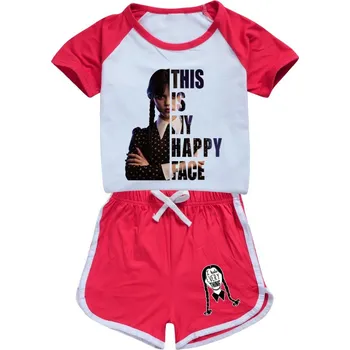 Dětský letní set tričko + kraťasy Wednesday Addams - Happy Face Barva: Červená, Velikost: 160