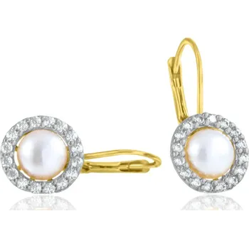 Náušnice GEMMAX Zlaté náušnice se zirkony a perlami Ø 6 mm – zlatý šperk ryzosti 585/1000 v Dárkovém balení s Certifikátem GLECP-26891