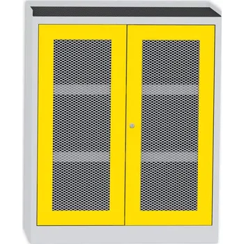 Skříň na chemikálie s mřížkou, v x š x h: 1150 x 950 x 500 mm, 2 vanové police, barva: korpus šedý RAL7035/ dveře žluté RAL1023