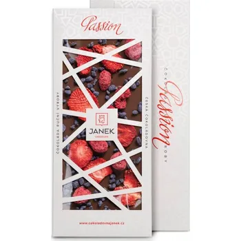 Čokoláda JANEK Mléčná čokoláda Passion 41,3% (jahody, maliny, fialka) 120 g