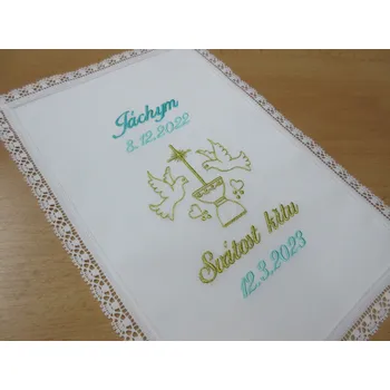 rouška Vyšívaná křestní rouška s krajkou vzor 15