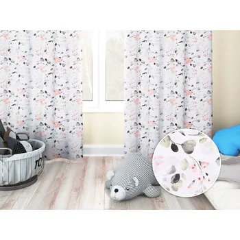 ubrus Dětský bavlněný závěs Sandra SA-288 Eukalyptus s růžovými květy na bílém 150x180 cm