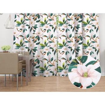 ubrus Bavlněný závěs Sandra SA-293 Magnolie se zelenými listy na bílém 150x140 cm
