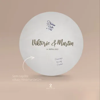 Svatební dekorace Dřevěná cedule na podpisy s gravírováním jmen a data svatby KRUH Rozměr: 30 x 30 cm