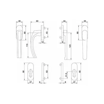 Příslušenství k oknu DAB Trade Balkónový set 1005 se sníženou klikou s oválnými krycími rozetami, F4 bronz