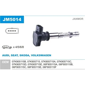 Zapalovací cívka Zapalovací cívka, , 06F905115A, 06F905115B, 06F905115C, 06F905115E, 06F905115F, 07K905115B, 07K905715, 07K905715A, 07K905715C, 07K905715D, 07K905715E, JANMOR, JM5014