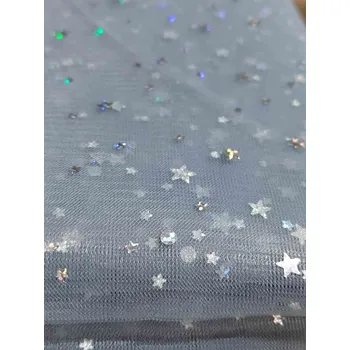 Oděvní / dekorační tyl s hvězdičkami s hologramem šíře 160 cm barva šedá