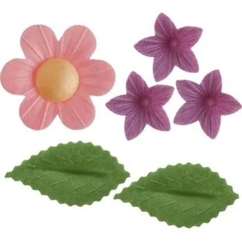 Jedlá dekorace na dort Dekora Květy a lístky růžové/fialové/zelené 38 ks