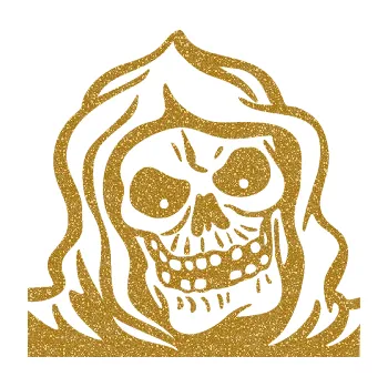 Samolepicí dekorace na vozidlo Lebka 057 pravá v kápi (92 - Ultra Metalic zlatá) SAMOLEPKA NA AUTO, NÁLEPKA, FÓLIE, POLEP, TUNING, VLASTNÍ TEXT, TISK, AUTOSAMOLEPKY.cz, POLEPY, OBRÁZEK, LOGO, 3D STICKERS