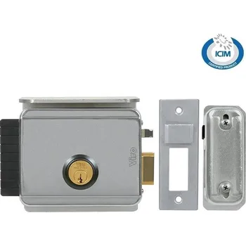 Pohon brány elektrický zámek V97 se dvěma vložkami a stříškou - zámek Viro se střelkou a děleným trnem pro lehčí kryté dveře a branky otevírané dovnitř, vnitřní a vnější kulatá vložka, 3 klíče, levý