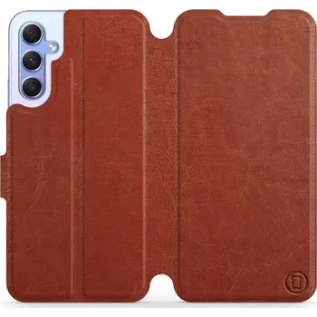 Pouzdro na mobilní telefon Flipové pouzdro Mobiwear - Samsung Galaxy A34 5G - Hnědé a šedé (Knížkové flip pouzdro, obal, kryt na mobil Samsung Galaxy A34 5G - Hnědé a šedé, materiál Umělá kůže + TPU - ochrana 360°, stojánek, silikonová vanička, magnetické zavírání)