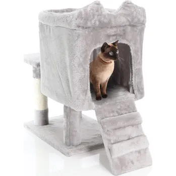 Škrabadlo pro kočky Fudajo světle šedé 60cm vysoké škrabadlo s domečkem pro kočky