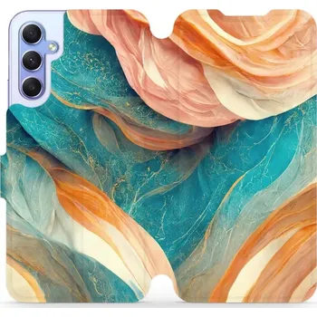 Pouzdro na mobilní telefon Flipové pouzdro Mobiwear - Samsung Galaxy A34 5G - VP36S Azurový a oranžový mramor (Knížkové flip pouzdro, obal, kryt na mobil Samsung Galaxy A34 5G - VP36S Azurový a oranžový mramor, materiál Umělá kůže + TPU - ochrana 360°, stojánek, silikonová vanička,