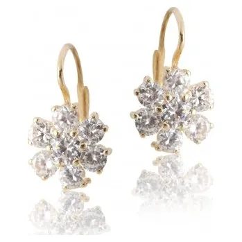 Náušnice Zlaté náušnice kytka čiré zirkony - VE24 - žluté zlato (Náušnice se zirkony ve žlutém zlatě)