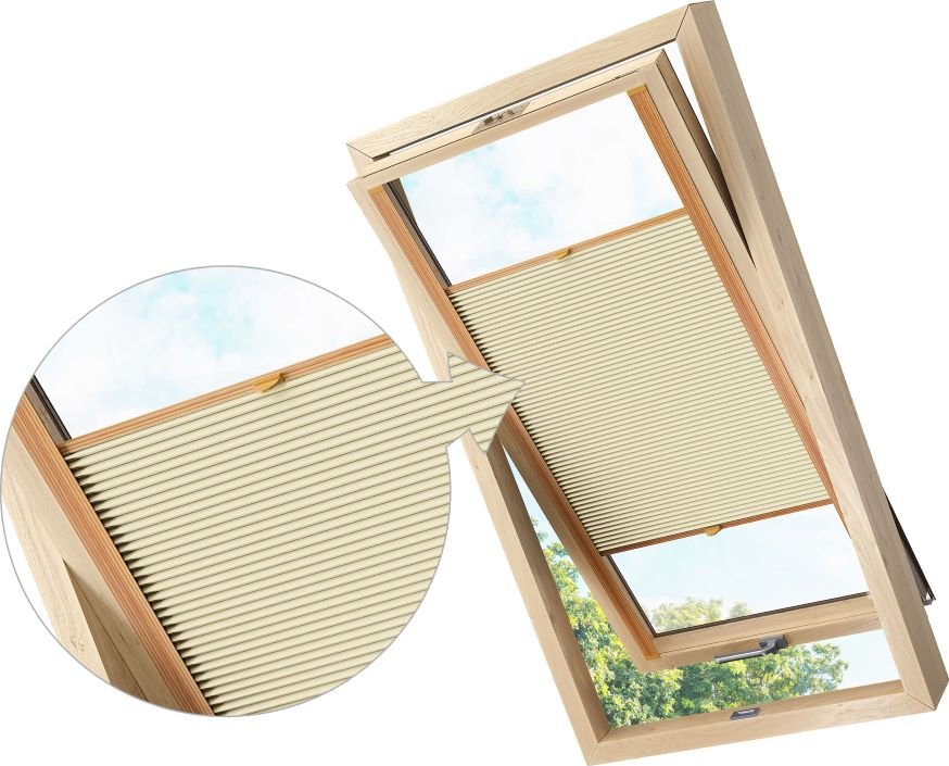 ZEBRA-SHOP Zatemňovací roleta PLISSÉ PRO STŘEŠNÍ OKNO / KRÉMOVÁ / PM02 Značka okna: VELUX, Typ-údaj ze štítku: C02, Barva profilů: borovice