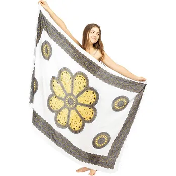 Šátek Sarong / pareo Květinová mandala bílo-žlutý, Sittar