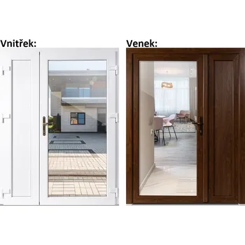 Vchodové dveře Levné dvoukřídlé vchodové dveře plastové Soft 3/3 sklo čiré + panel, Zlatý dub/bílá 150x200 cm pravé