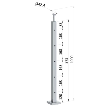 Zábradlí KOVIAN, s.r.o. Nerezový sloup, vrchní kotvení, 5 děrový koncový, vrch pevný (40x40 mm), broušená nerez K320 / AISI304